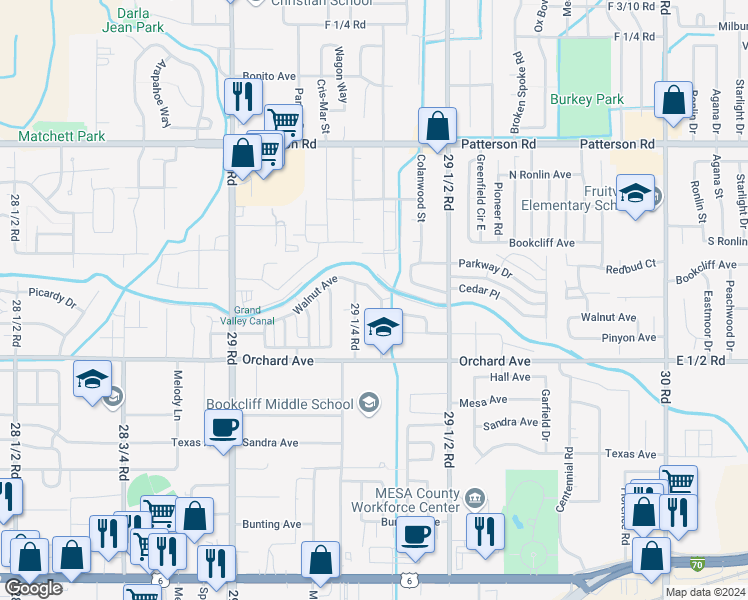 map of restaurants, bars, coffee shops, grocery stores, and more near 566 Garfield Drive in Grand Junction