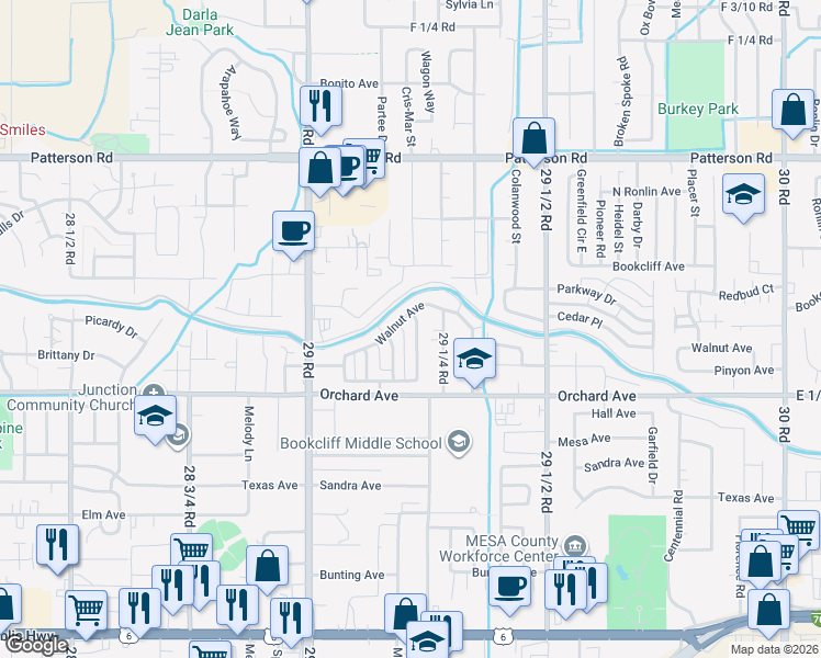 map of restaurants, bars, coffee shops, grocery stores, and more near 2912 Walnut Ave in Grand Junction