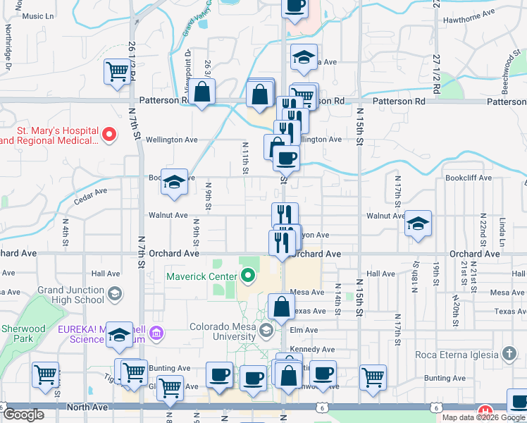 map of restaurants, bars, coffee shops, grocery stores, and more near 2150 College Place in Grand Junction