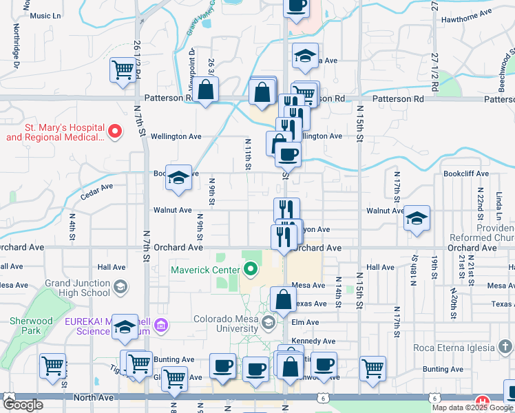 map of restaurants, bars, coffee shops, grocery stores, and more near 2150 College Place in Grand Junction