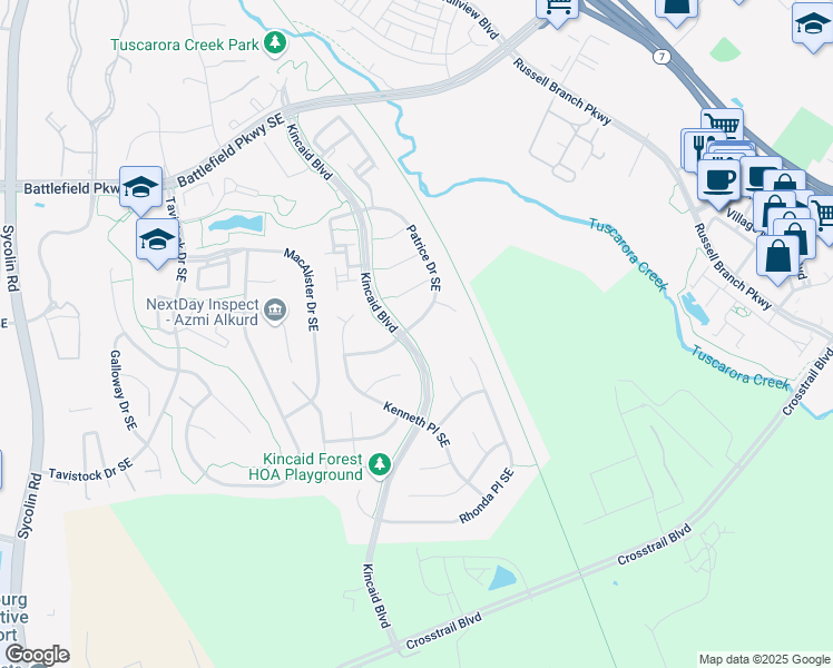 map of restaurants, bars, coffee shops, grocery stores, and more near 646 Patrice Drive Southeast in Leesburg