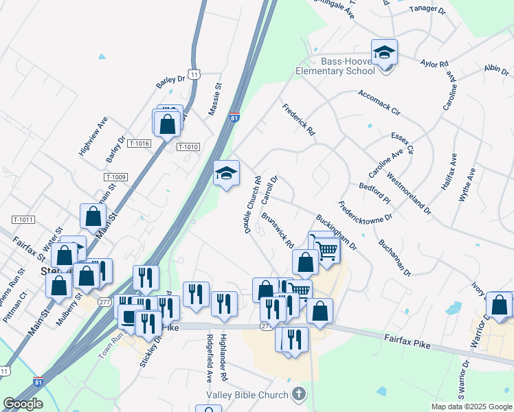 map of restaurants, bars, coffee shops, grocery stores, and more near 210 Carroll Drive in Stephens City