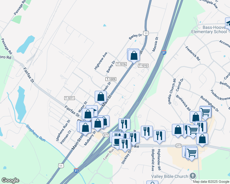 map of restaurants, bars, coffee shops, grocery stores, and more near 5212 Main Street in Stephens City