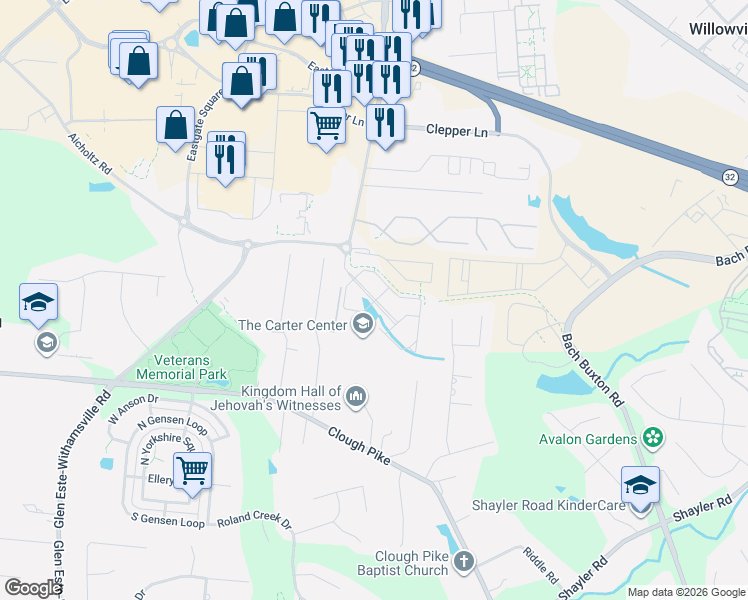 map of restaurants, bars, coffee shops, grocery stores, and more near 4342 Glen Este-Withamsville Road in Cincinnati