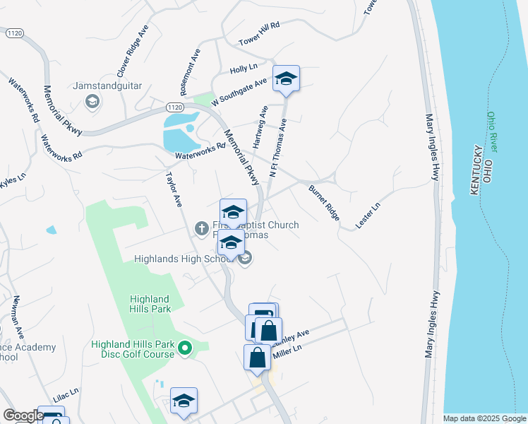 map of restaurants, bars, coffee shops, grocery stores, and more near 850 North Fort Thomas Avenue in Fort Thomas