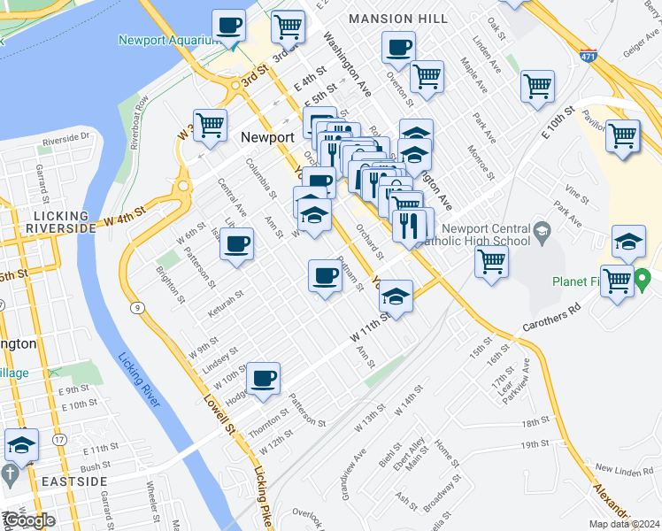 map of restaurants, bars, coffee shops, grocery stores, and more near 12 West 9th Street in Newport