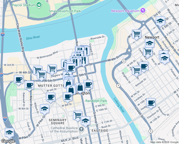 map of restaurants, bars, coffee shops, grocery stores, and more near 423 Sanford Street in Covington