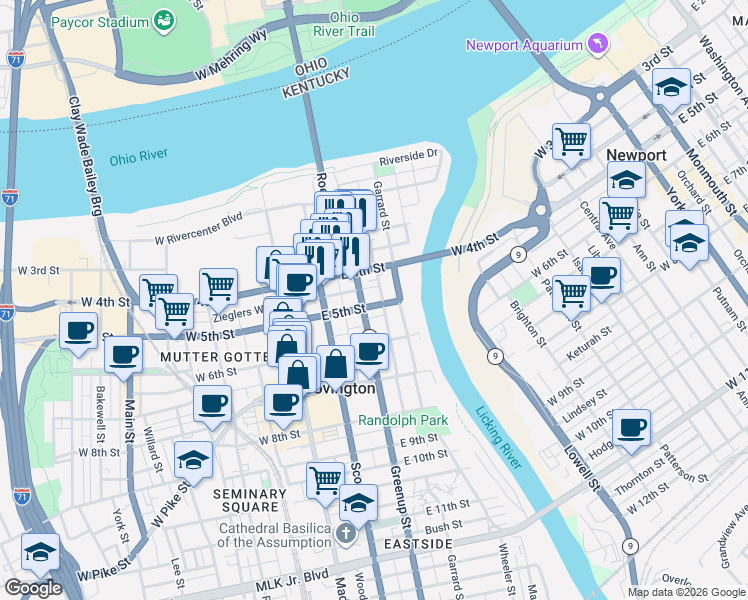 map of restaurants, bars, coffee shops, grocery stores, and more near 423 Sanford Street in Covington