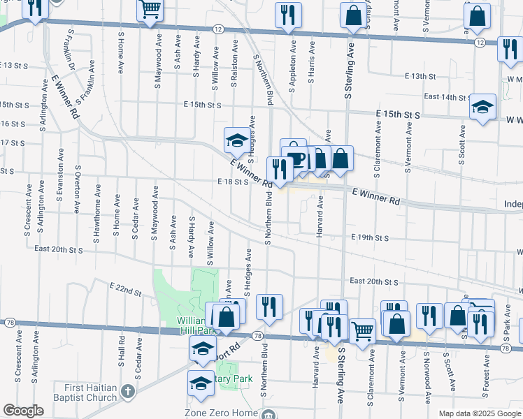 map of restaurants, bars, coffee shops, grocery stores, and more near 1817 South Northern Boulevard in Independence