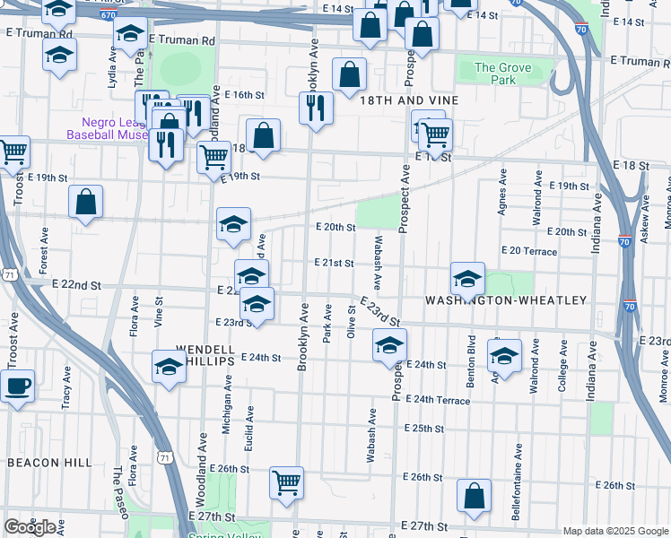 map of restaurants, bars, coffee shops, grocery stores, and more near 2023 Park Avenue in Kansas City