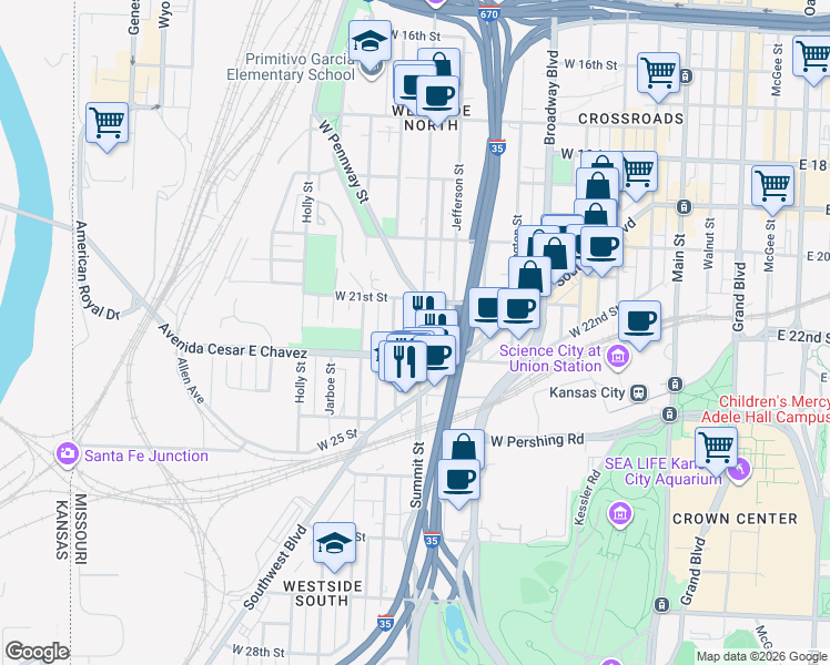 map of restaurants, bars, coffee shops, grocery stores, and more near 2117 Madison Avenue in Kansas City