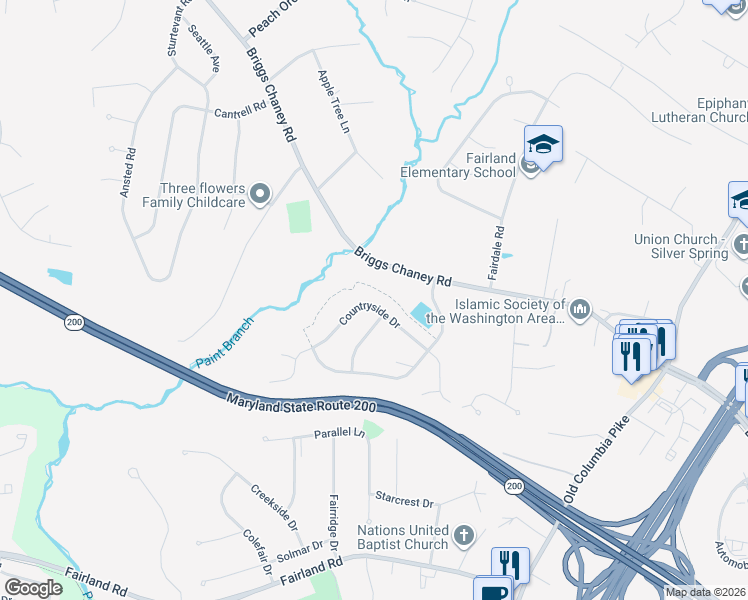 map of restaurants, bars, coffee shops, grocery stores, and more near 2240 Countryside Drive in Silver Spring