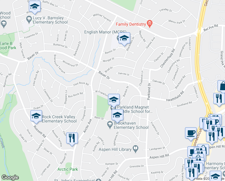 map of restaurants, bars, coffee shops, grocery stores, and more near 4600 Brad Court in Rockville