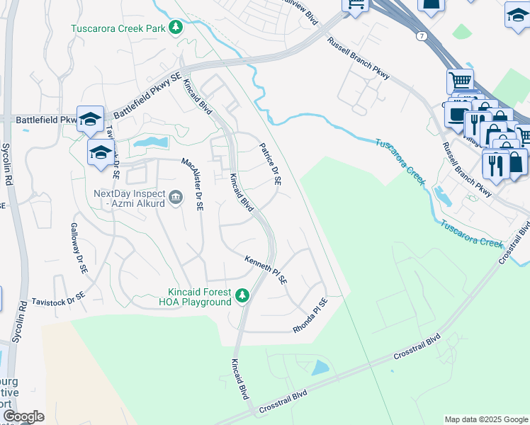 map of restaurants, bars, coffee shops, grocery stores, and more near 646 Patrice Drive Southeast in Leesburg