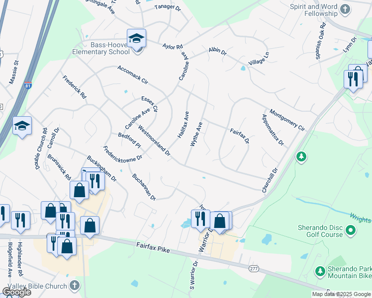 map of restaurants, bars, coffee shops, grocery stores, and more near 107 Wythe Avenue in Stephens City