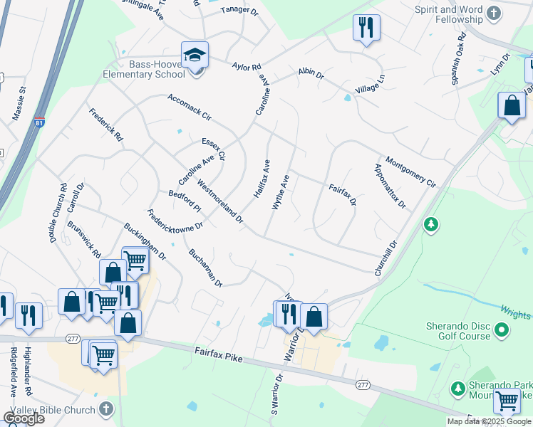 map of restaurants, bars, coffee shops, grocery stores, and more near 107 Wythe Avenue in Stephens City