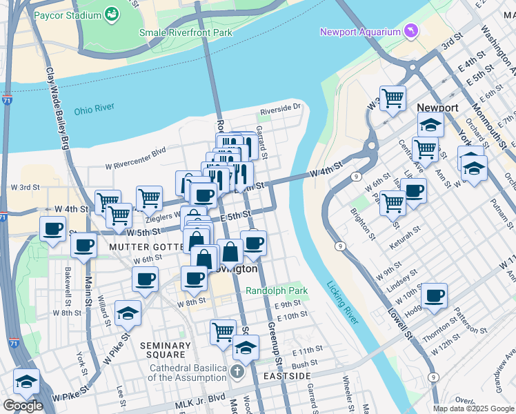 map of restaurants, bars, coffee shops, grocery stores, and more near 423 Sanford Street in Covington
