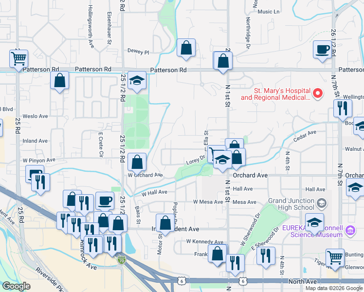 map of restaurants, bars, coffee shops, grocery stores, and more near 415 Ridgewood Lane in Grand Junction
