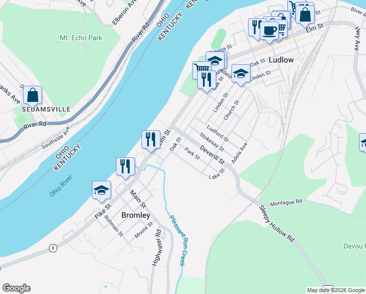 map of restaurants, bars, coffee shops, grocery stores, and more near 815 Oak Street in Ludlow