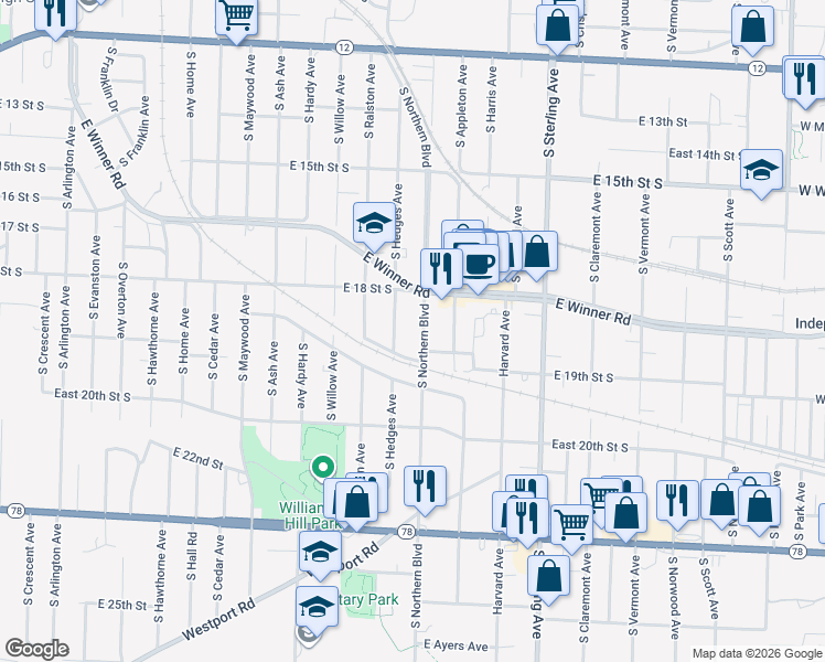 map of restaurants, bars, coffee shops, grocery stores, and more near 1817 South Northern Boulevard in Independence