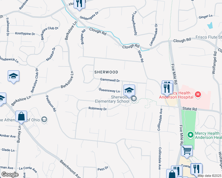 map of restaurants, bars, coffee shops, grocery stores, and more near 7010 Queensway Lane in Cincinnati