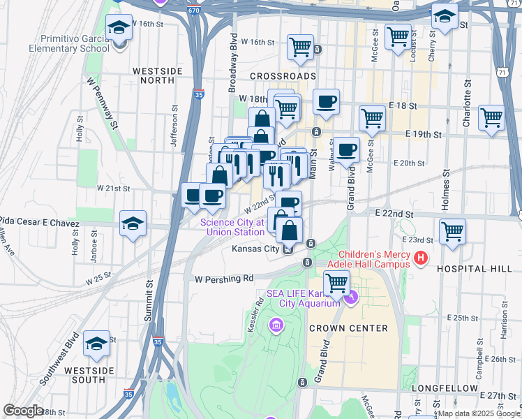 map of restaurants, bars, coffee shops, grocery stores, and more near 311 West 22nd Street in Kansas City