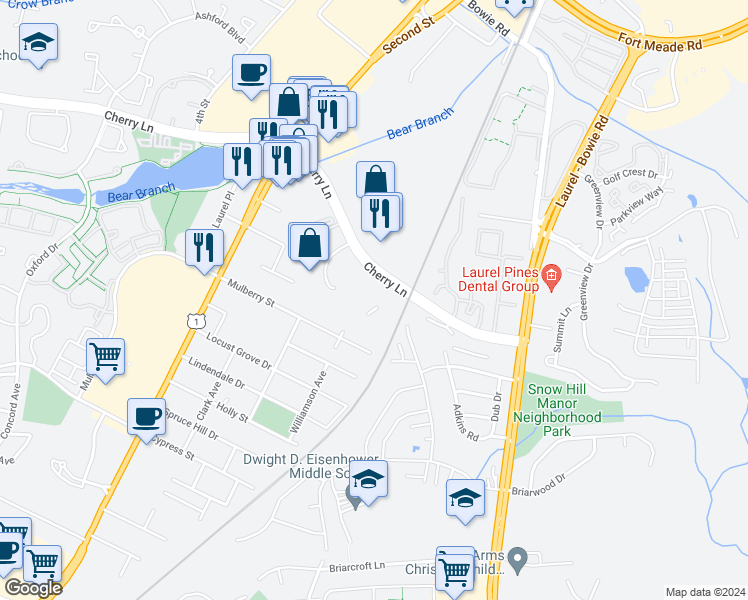 map of restaurants, bars, coffee shops, grocery stores, and more near 14301 Cherry Lane Court in Laurel