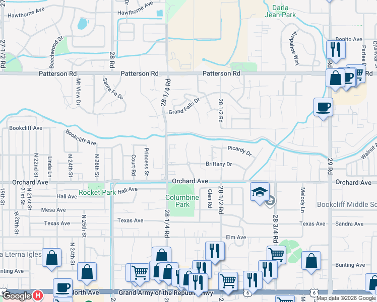 map of restaurants, bars, coffee shops, grocery stores, and more near 569 Garden Cress Court in Grand Junction