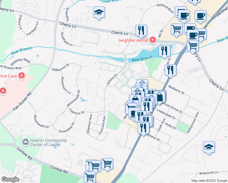 map of restaurants, bars, coffee shops, grocery stores, and more near 14047 Vista Drive in Laurel
