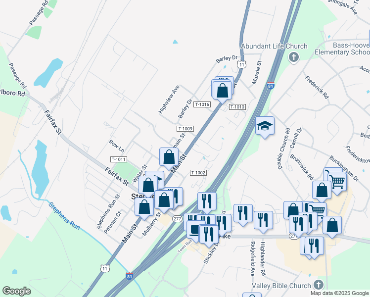 map of restaurants, bars, coffee shops, grocery stores, and more near 5241 Main Street in Stephens City
