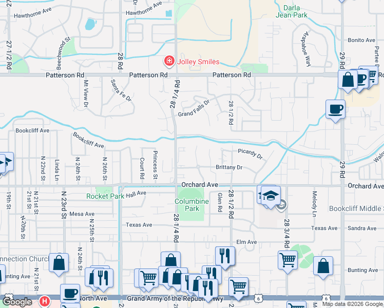 map of restaurants, bars, coffee shops, grocery stores, and more near 571 Garden Grove Court in Grand Junction