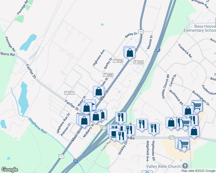 map of restaurants, bars, coffee shops, grocery stores, and more near 5241 Main Street in Stephens City