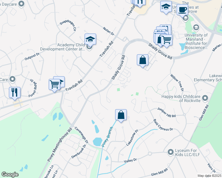 map of restaurants, bars, coffee shops, grocery stores, and more near 8 Calabash Court in Rockville