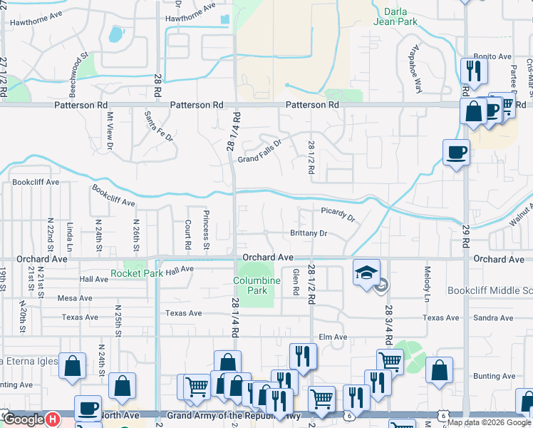 map of restaurants, bars, coffee shops, grocery stores, and more near 569 Garden Cress Court in Grand Junction