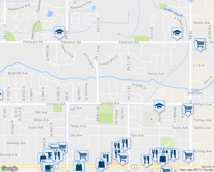 map of restaurants, bars, coffee shops, grocery stores, and more near 571 Garden Grove Court in Grand Junction