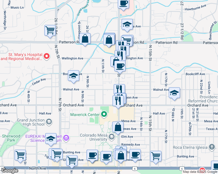 map of restaurants, bars, coffee shops, grocery stores, and more near 2150 College Place in Grand Junction