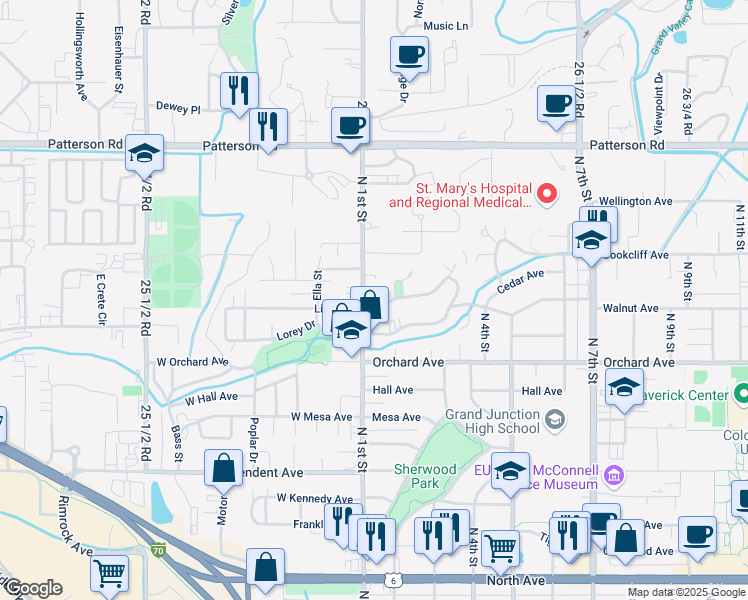 map of restaurants, bars, coffee shops, grocery stores, and more near 107 Hillcrest Dr in Grand Junction