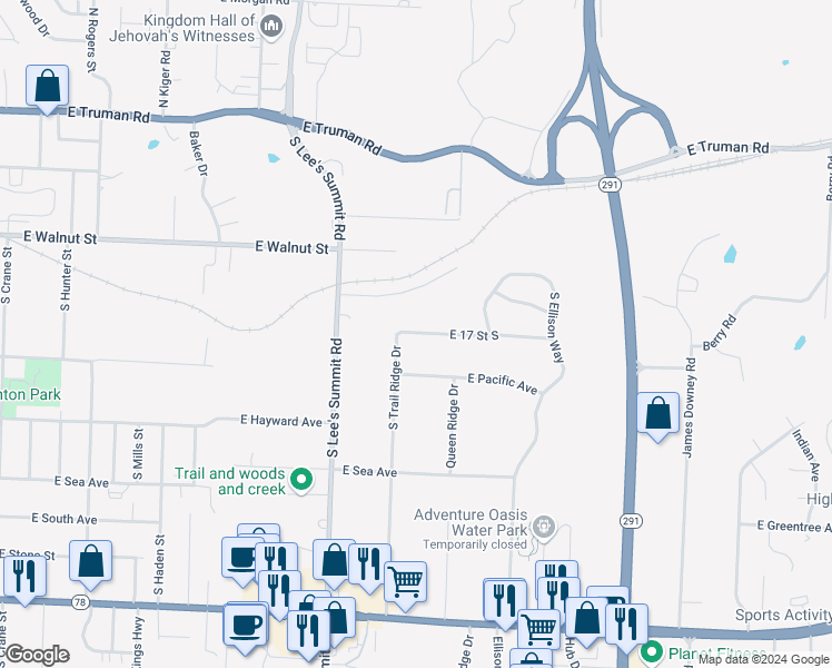 map of restaurants, bars, coffee shops, grocery stores, and more near 16002 East 17 Street South in Independence