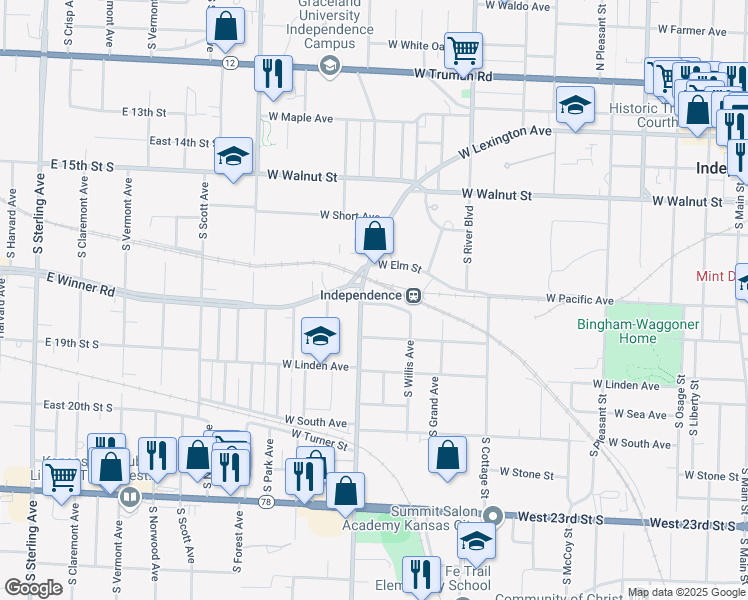 map of restaurants, bars, coffee shops, grocery stores, and more near 1222 West Ruby Avenue in Independence