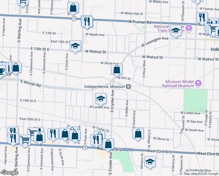 map of restaurants, bars, coffee shops, grocery stores, and more near 1415 West Lexington Avenue in Independence