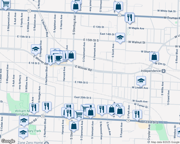 map of restaurants, bars, coffee shops, grocery stores, and more near 11317 East Winner Road in Independence