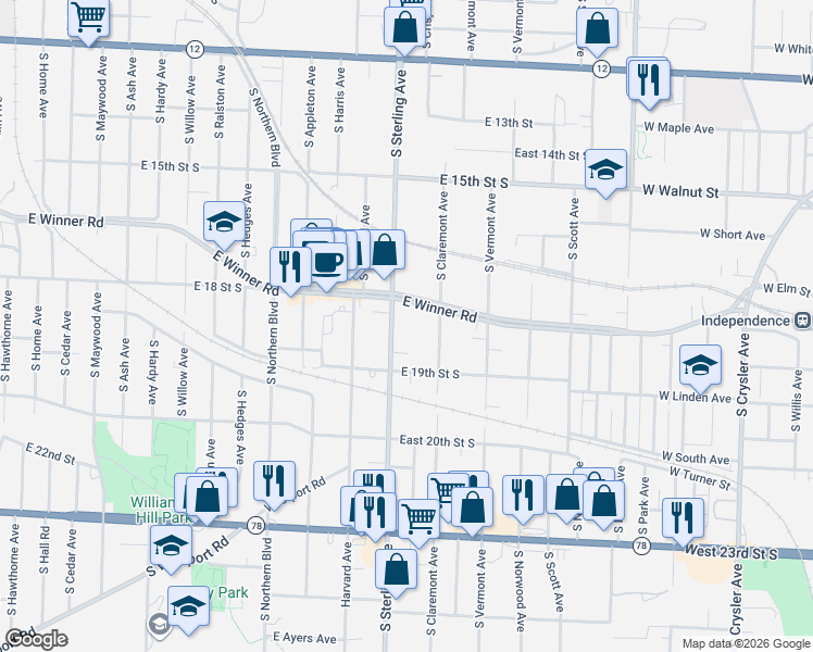 map of restaurants, bars, coffee shops, grocery stores, and more near 1815 South Sterling Avenue in Independence