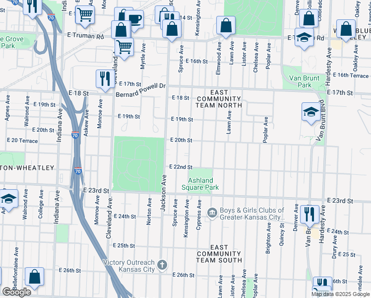 map of restaurants, bars, coffee shops, grocery stores, and more near 4401 East 20th Street in Kansas City