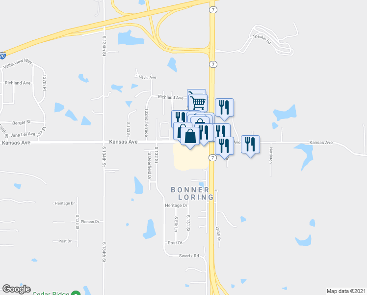 map of restaurants, bars, coffee shops, grocery stores, and more near 612 South 130th Street in Bonner Springs