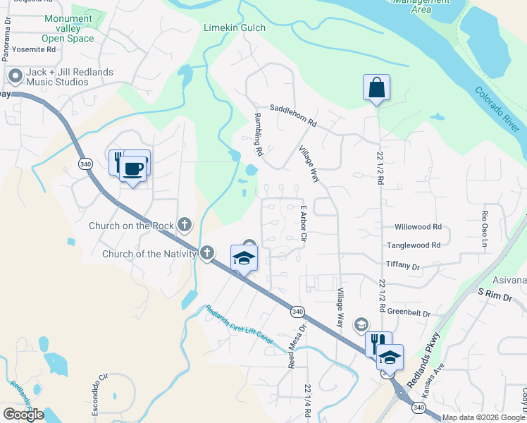 map of restaurants, bars, coffee shops, grocery stores, and more near West Arbor Circle in Grand Junction