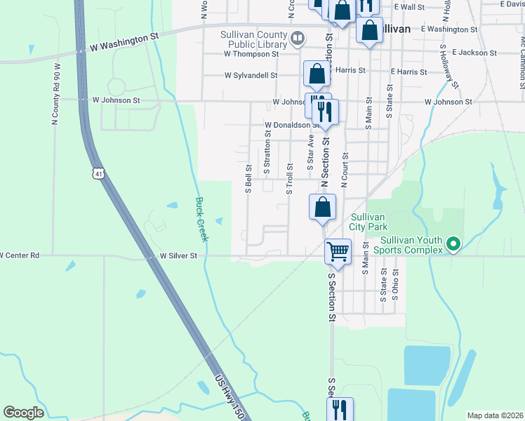map of restaurants, bars, coffee shops, grocery stores, and more near 501-599 South Bell Street in Sullivan