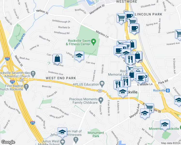 map of restaurants, bars, coffee shops, grocery stores, and more near 314 Beall Avenue in Rockville