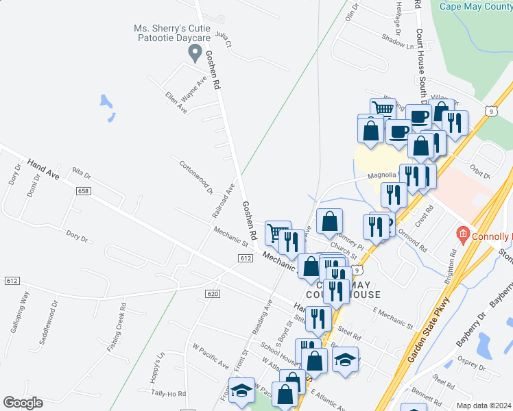 map of restaurants, bars, coffee shops, grocery stores, and more near 14 Goshen Road in Middle Township