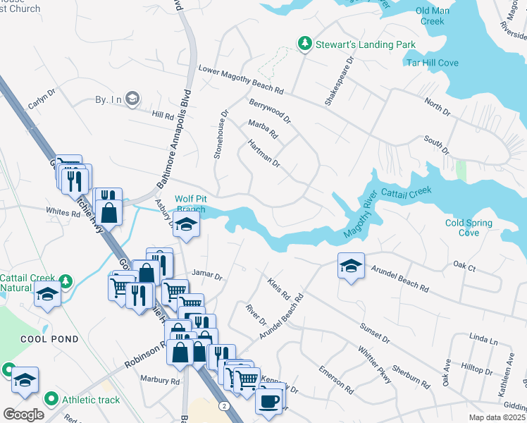 map of restaurants, bars, coffee shops, grocery stores, and more near 161 Berrywood Drive in Severna Park