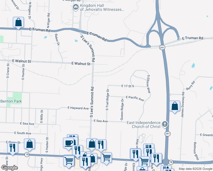 map of restaurants, bars, coffee shops, grocery stores, and more near 16002 East 17 Street South in Independence